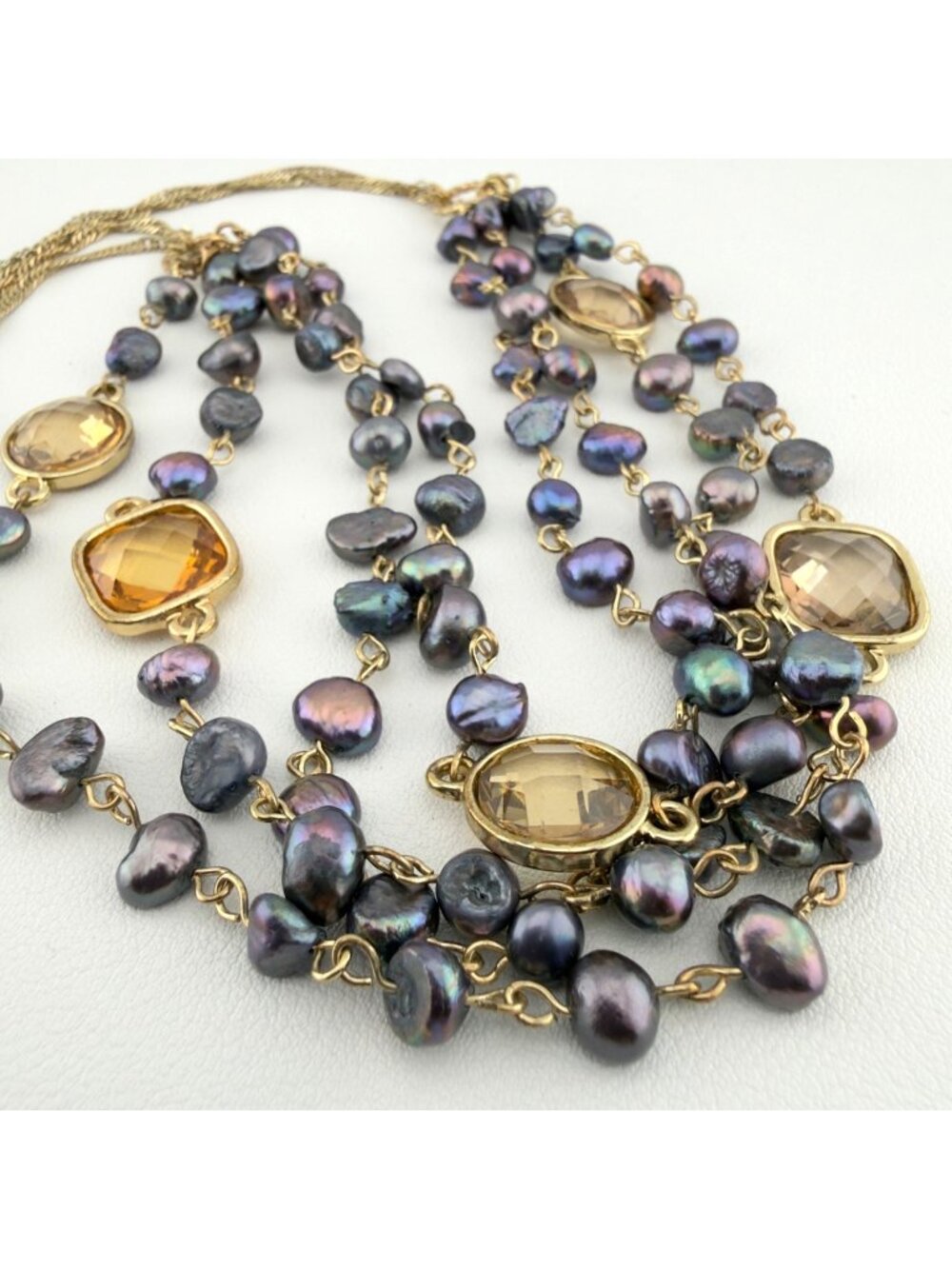 Multilayer Faux Black Freshwater Pearl Necklace Gold Tone Faceted Crystal